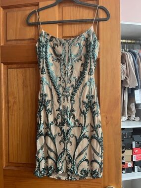 Sequin Nude Mini Dress with Teal Embroidery